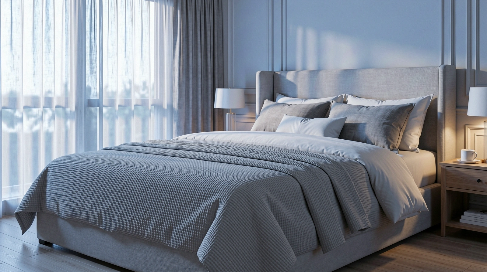 Ein ruhiges Schlafzimmer am Morgen, das das Konzept von Erholung und Balance symbolisiert